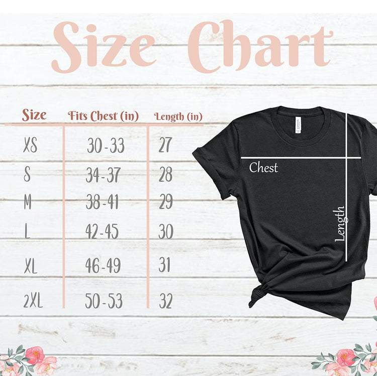 Size chart for comfortable unisex vitamin sea t-shirt showing fit measurements for each size.