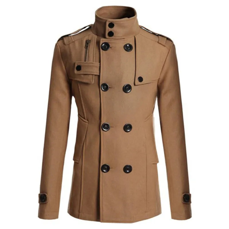 New Men's Wool Overcoat Long Suit in brown with a stylish double-breasted design and high collar.