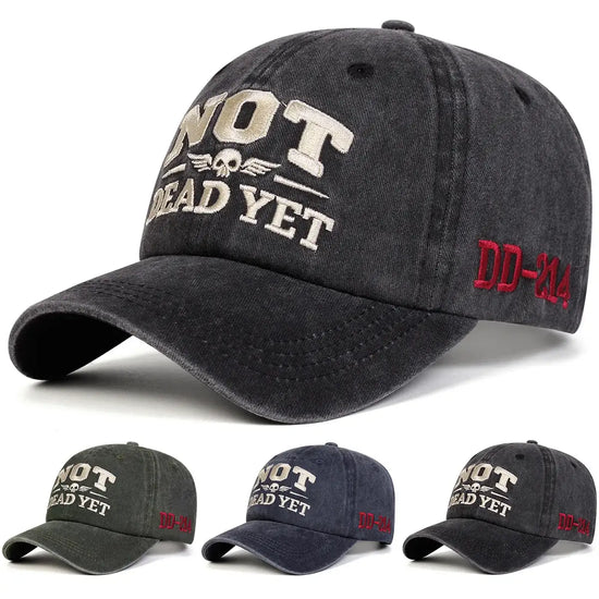 Unisex NOT DEAD YET Embroidery Wash Baseball cap displayed from multiple angles, showcasing the stylish design.