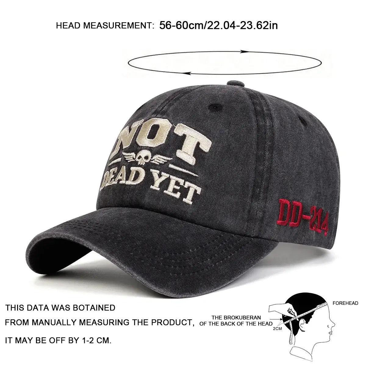 Unisex NOT DEAD YET Embroidery Wash Baseball cap with adjustable head measurement 56-60cm