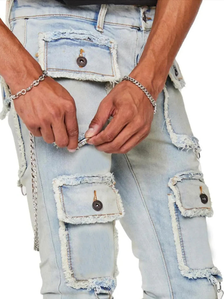  Multi Pockets Design Denim Cargo Pants 