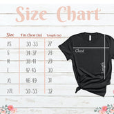 Size chart for comfortable unisex vitamin sea t-shirt showing fit measurements for each size.